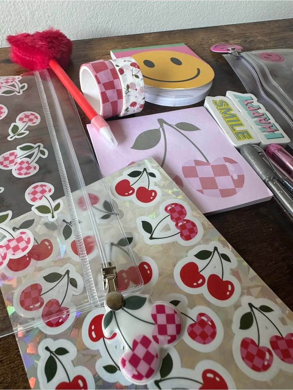 Two Zipper Pencil Pouches One Cherry & One Smiley Themed Pens Notepads Stickers